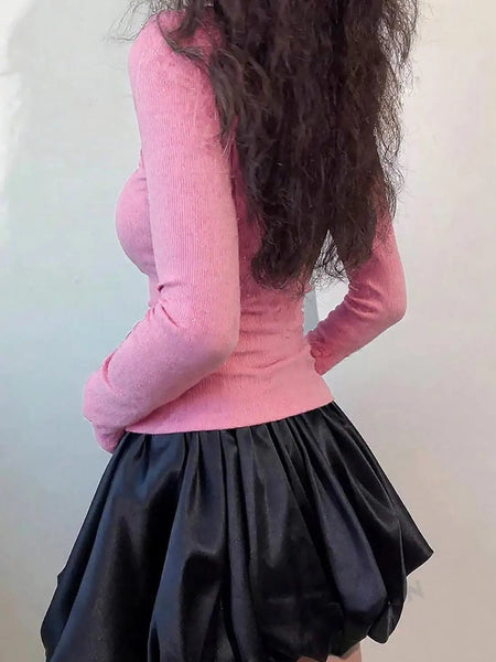 Istyle Can Soft Pink Women’s Ribbed Square Neck Puff Sleeve Top Istyle Can