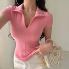 Istyle Can Soft Pink Polyester Women's Top Solid Short Sleeve Ribbed Asymmetric Hem Casual T-Shirt Istyle Can