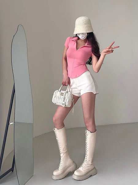 Istyle Can Soft Pink Polyester Women's Top Solid Short Sleeve Ribbed Asymmetric Hem Casual T-Shirt Istyle Can