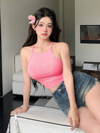 Womens Soft Pink Solid Ribbed Helter Neck Slim Fit Crop Tank Top Istyle Can