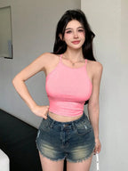 Womens Soft Pink Solid Ribbed Helter Neck Slim Fit Crop Tank Top Istyle Can