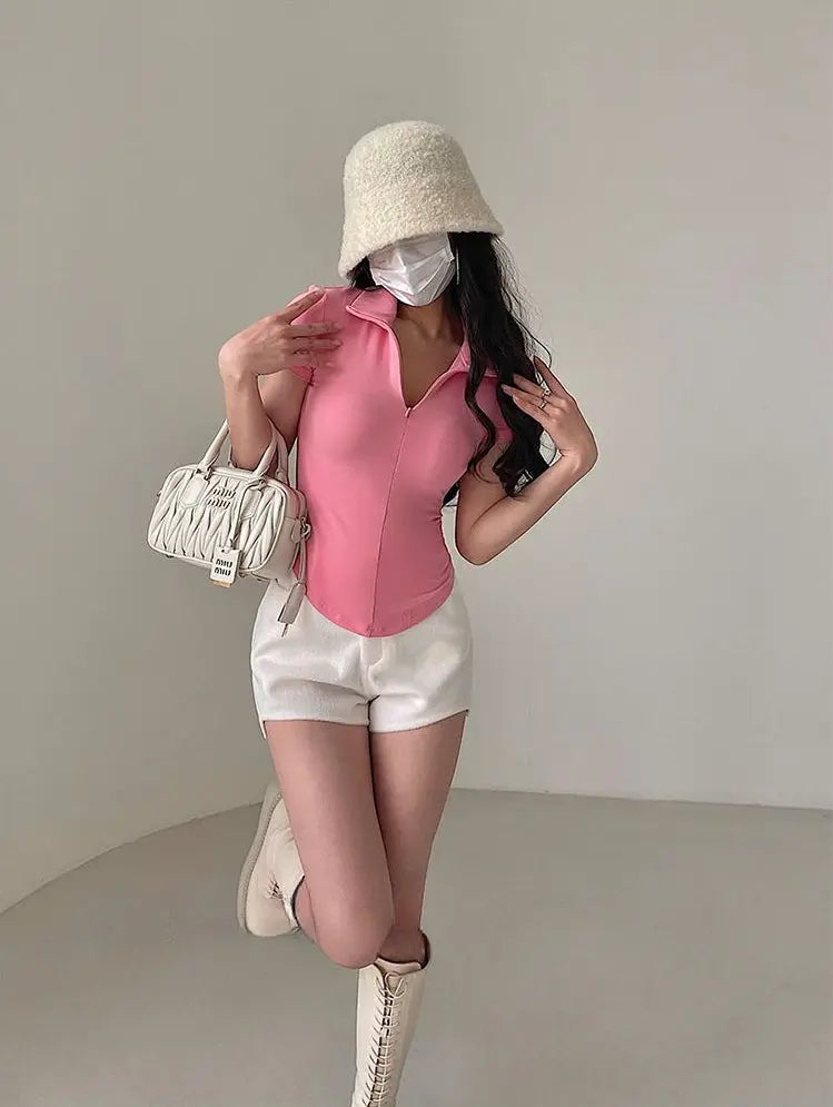 Istyle Can Soft Pink Polyester Women's Top Solid Short Sleeve Ribbed Asymmetric Hem Casual T-Shirt Istyle Can