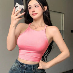 Womens Soft Pink Solid Ribbed Helter Neck Slim Fit Crop Tank Top Istyle Can