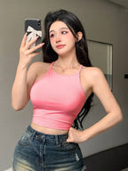 Womens Soft Pink Solid Ribbed Helter Neck Slim Fit Crop Tank Top Istyle Can