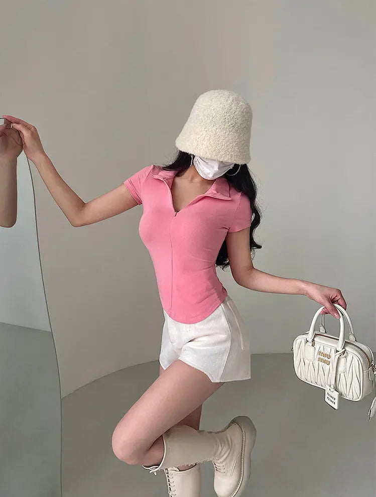 Istyle Can Soft Pink Polyester Women's Top Solid Short Sleeve Ribbed Asymmetric Hem Casual T-Shirt Istyle Can