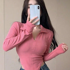 Istyle Can Soft Pink Women's Top Solid Long Sleeve Ribbed Asymmetric Hem Casual T-Shirt Istyle Can