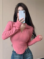 Istyle Can Soft Pink Women's Top Solid Long Sleeve Ribbed Asymmetric Hem Casual T-Shirt Istyle Can
