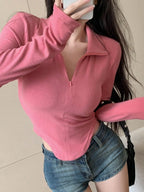 Istyle Can Soft Pink Women's Top Solid Long Sleeve Ribbed Asymmetric Hem Casual T-Shirt Istyle Can