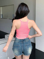 Womens Soft Pink Solid Ribbed Helter Neck Slim Fit Crop Tank Top Istyle Can