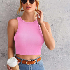 Women's Crew Neck Sleeveless Solid Rib Knit Baby Pink Crop Tank Top Istyle Can