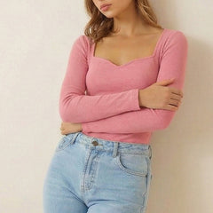 Istyle can Women's Solid Ribbed Knit Sweetheart Neck Long Sleeve Top -PINK