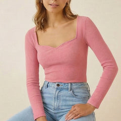 Istyle can Women's Solid Ribbed Knit Sweetheart Neck Long Sleeve Top -PINK