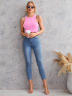 Women's Crew Neck Sleeveless Solid Rib Knit Baby Pink Crop Tank Top Istyle Can