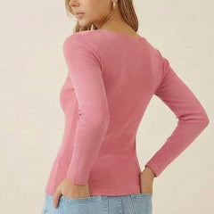 Istyle can Women's Solid Ribbed Knit Sweetheart Neck Long Sleeve Top -PINK