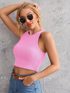 Women's Crew Neck Sleeveless Solid Rib Knit Baby Pink Crop Tank Top Istyle Can