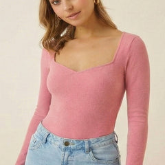 Istyle can Women's Solid Ribbed Knit Sweetheart Neck Long Sleeve Top -PINK