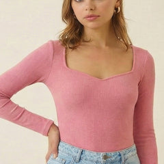 Istyle can Women's Solid Ribbed Knit Sweetheart Neck Long Sleeve Top -PINK