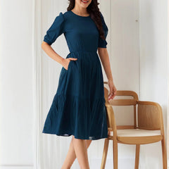 Istyle Can Teal Blue Solid Puff Sleeve Crepe Fit & Flare Midi Dress Istyle Can