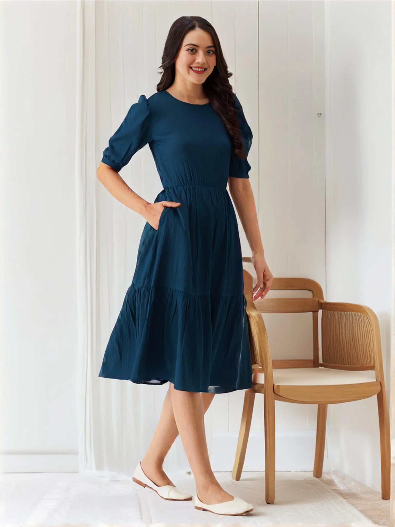 Istyle Can Teal Blue Solid Puff Sleeve Crepe Fit & Flare Midi Dress Istyle Can