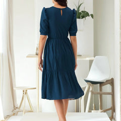 Istyle Can Teal Blue Solid Puff Sleeve Crepe Fit & Flare Midi Dress Istyle Can