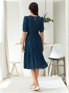 Istyle Can Teal Blue Solid Puff Sleeve Crepe Fit & Flare Midi Dress Istyle Can