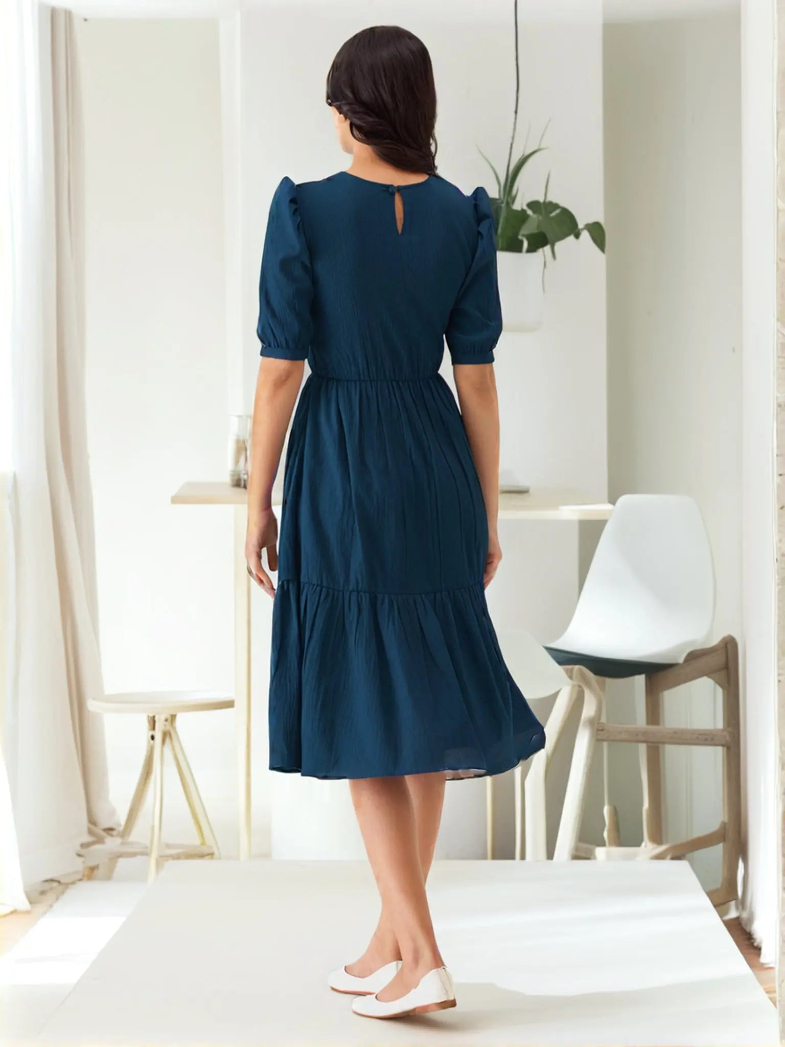 Istyle Can Teal Blue Solid Puff Sleeve Crepe Fit & Flare Midi Dress Istyle Can