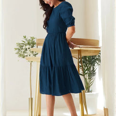 Istyle Can Teal Blue Solid Puff Sleeve Crepe Fit & Flare Midi Dress Istyle Can
