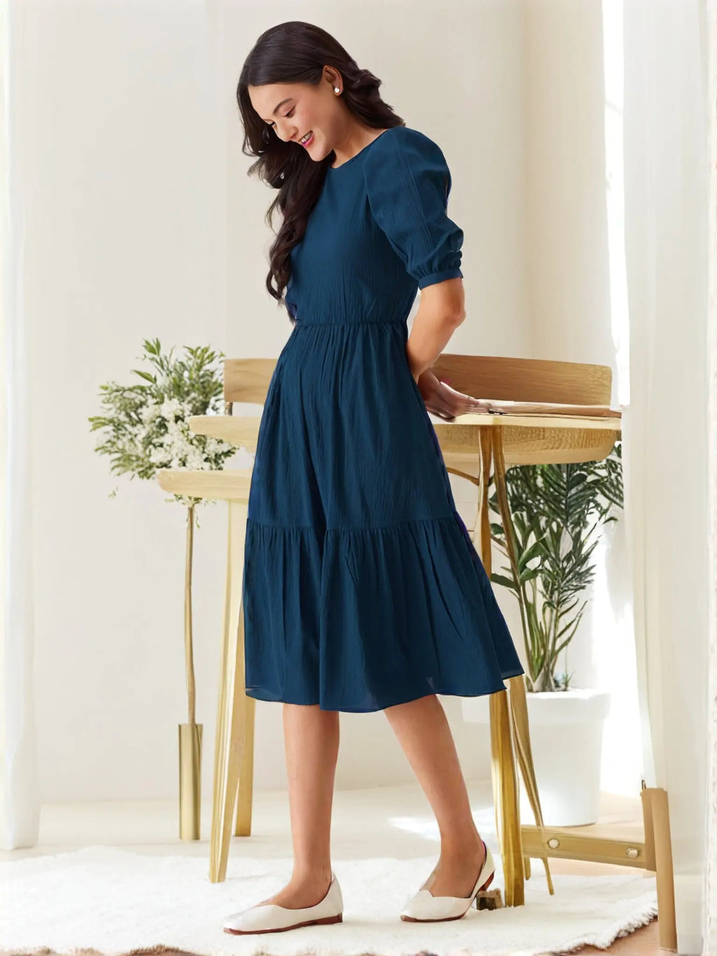 Istyle Can Teal Blue Solid Puff Sleeve Crepe Fit & Flare Midi Dress Istyle Can