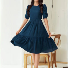 Istyle Can Teal Blue Solid Puff Sleeve Crepe Fit & Flare Midi Dress Istyle Can
