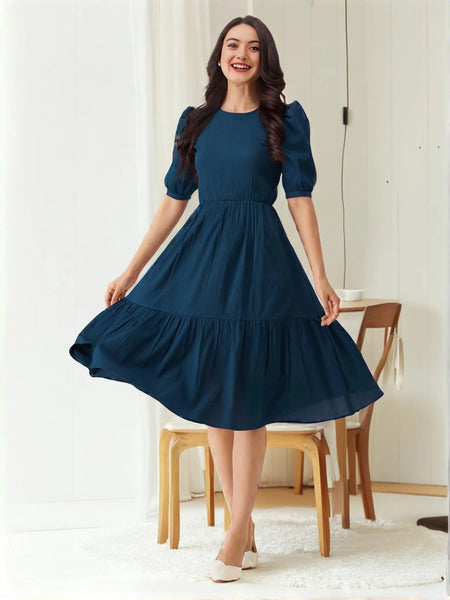 Istyle Can Teal Blue Solid Puff Sleeve Crepe Fit & Flare Midi Dress Istyle Can