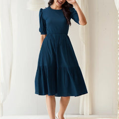 Istyle Can Teal Blue Solid Puff Sleeve Crepe Fit & Flare Midi Dress Istyle Can