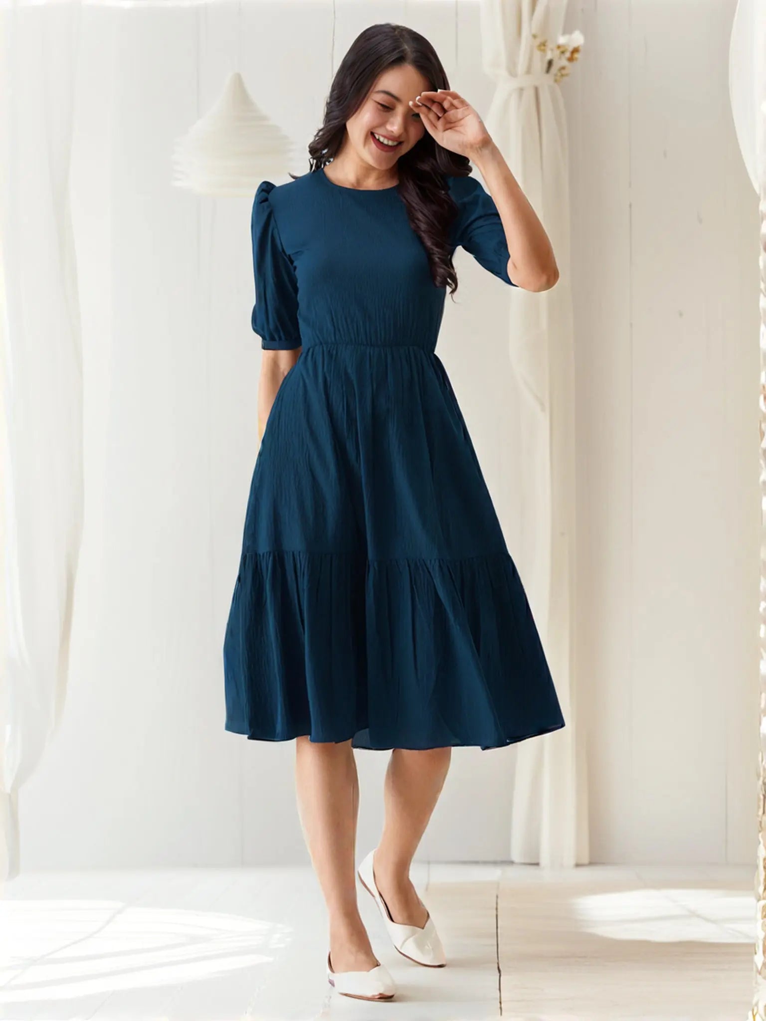 Istyle Can Teal Blue Solid Puff Sleeve Crepe Fit & Flare Midi Dress Istyle Can