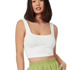 Women's & Girls' Solid White Ribbed Square Neck Slim Fit Crop Tank Tops Istyle Can