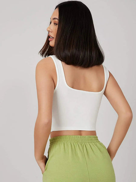 Women's & Girls' Solid White Ribbed Square Neck Slim Fit Crop Tank Tops Istyle Can
