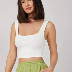 Women's & Girls' Solid White Ribbed Square Neck Slim Fit Crop Tank Tops Istyle Can