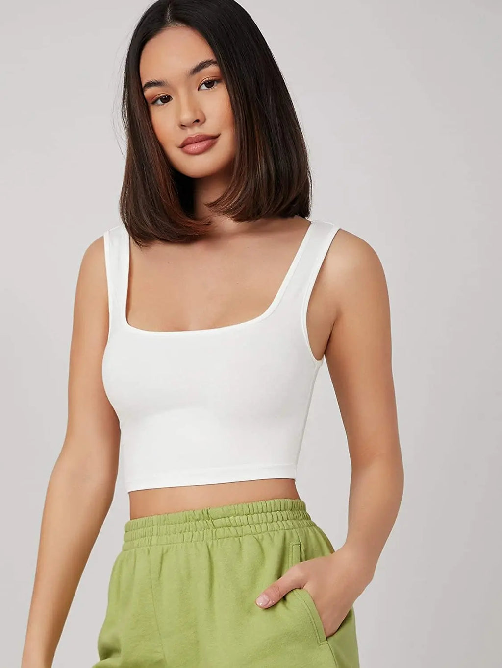 Women's & Girls' Solid White Ribbed Square Neck Slim Fit Crop Tank Tops Istyle Can