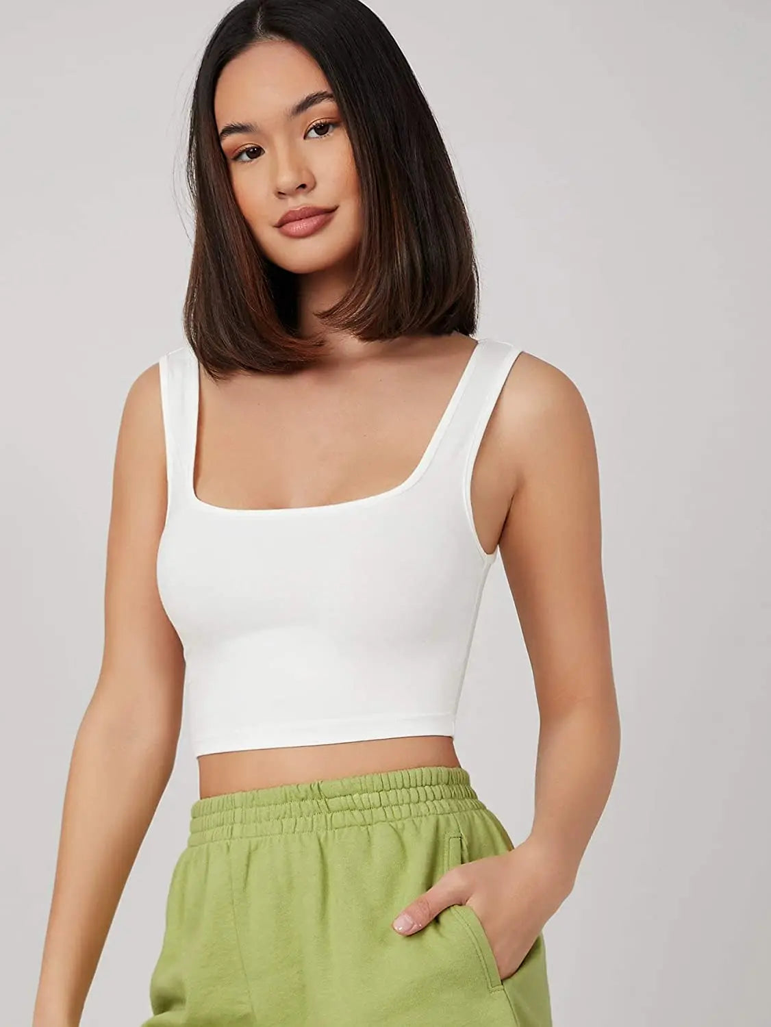 Women's & Girls' Solid White Ribbed Square Neck Slim Fit Crop Tank Tops Istyle Can