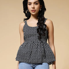 Istyle Can Black Zig-Zags Jaipuri Cotton Printed Scoop Neck Strappy Sleeveless Top for Women My Store