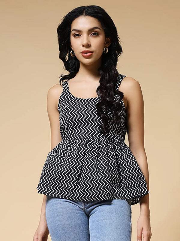 Istyle Can Black Zig-Zags Jaipuri Cotton Printed Scoop Neck Strappy Sleeveless Top for Women My Store