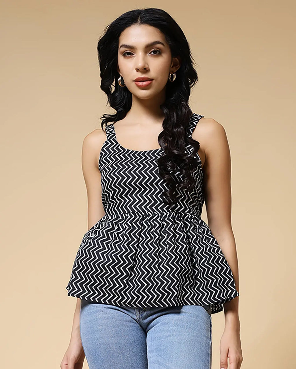 Istyle Can Black Zig-Zags Jaipuri Cotton Printed Scoop Neck Strappy Sleeveless Top for Women My Store