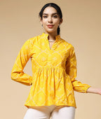 Istyle Can Bandhej Yellow Cotton Women's Regular Fit Mandarin Collar Full Sleeve Printed Top My Store