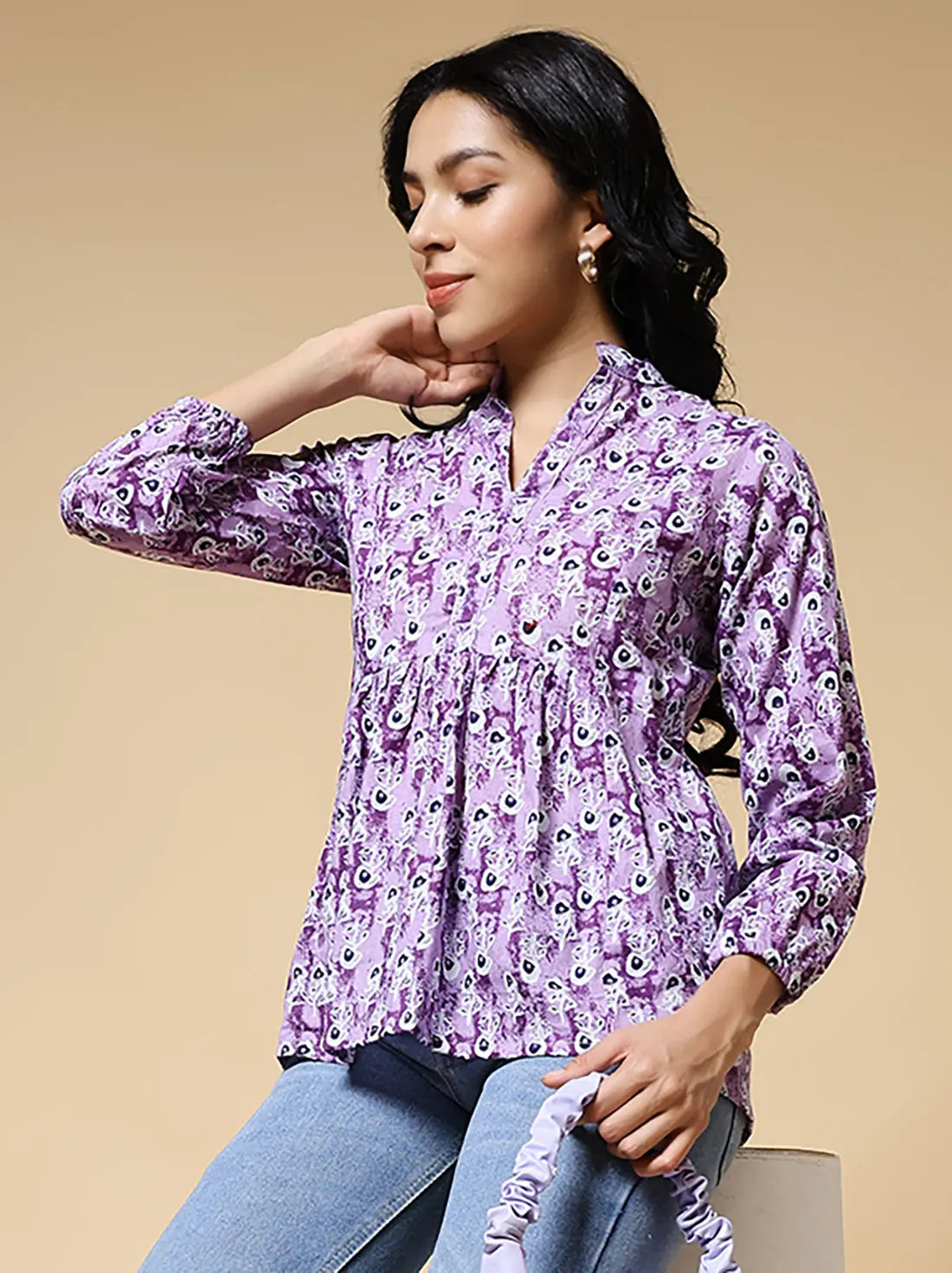 Istyle Can Purple Peacock Motif Jaipuri Cotton Women's Regular Fit Mandarin Collar Full Sleeve Printed Top My Store Main image
