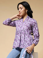 Istyle Can Purple Peacock Motif Jaipuri Cotton Women's Regular Fit Mandarin Collar Full Sleeve Printed Top My Store