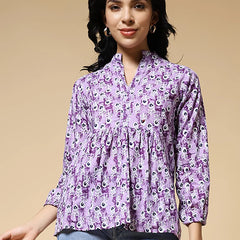 Istyle Can Purple Peacock Motif Jaipuri Cotton Women's Regular Fit Mandarin Collar Full Sleeve Printed Top My Store