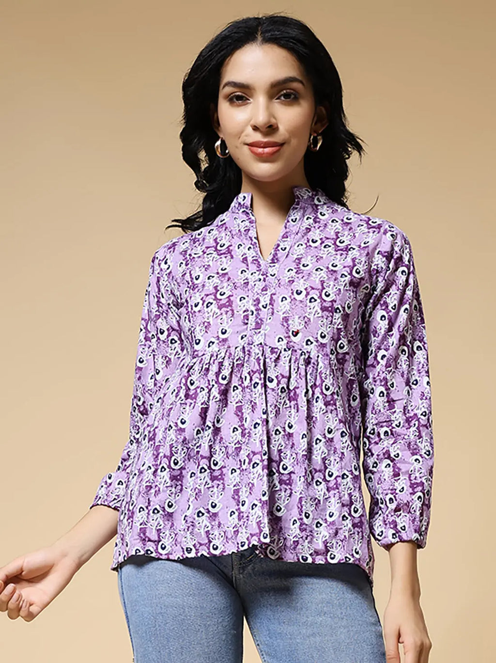 Istyle Can Purple Peacock Motif Jaipuri Cotton Women's Regular Fit Mandarin Collar Full Sleeve Printed Top My Store