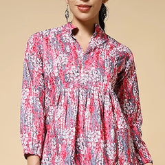 Istyle Can Peach Jaipuri Cotton Women's Regular Fit Mandarin Collar Full Sleeve Printed Top My Store