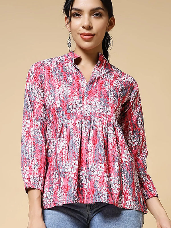 Istyle Can Peach Jaipuri Cotton Women's Regular Fit Mandarin Collar Full Sleeve Printed Top My Store