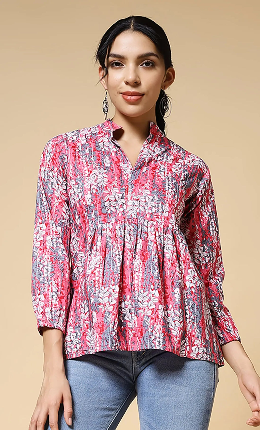 Istyle Can Peach Jaipuri Cotton Women's Regular Fit Mandarin Collar Full Sleeve Printed Top My Store