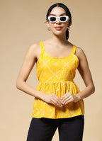 Istyle Can Bandhej Yellow Jaipuri Cotton Printed Scoop Neck Strappy Sleeveless Top for Women My Store