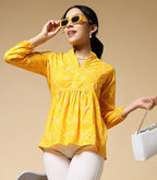 Istyle Can Bandhej Yellow Cotton Women's Regular Fit Mandarin Collar Full Sleeve Printed Top My Store